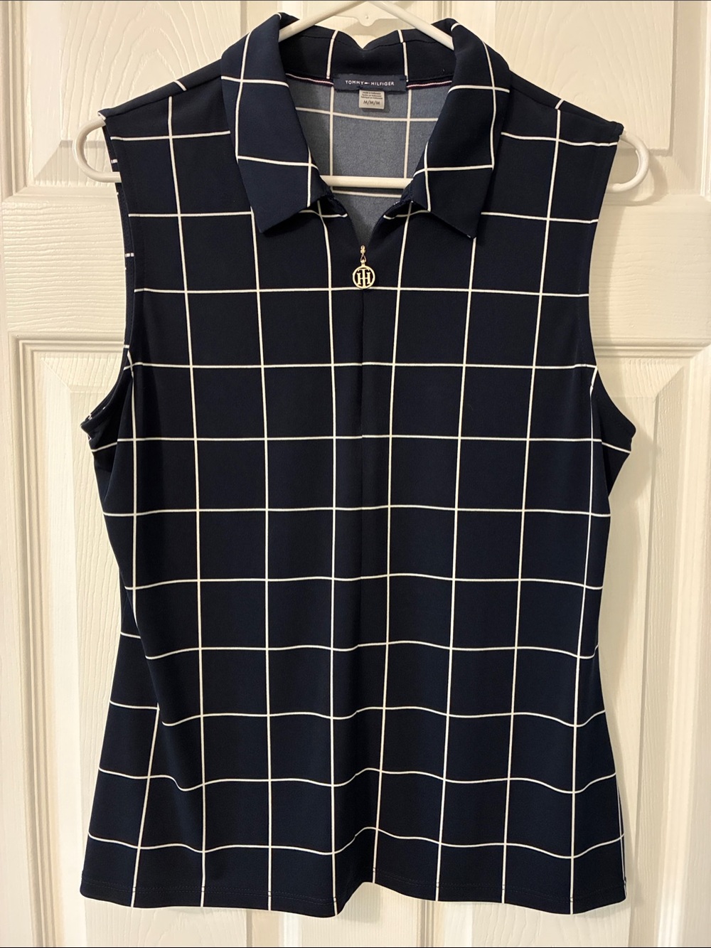 Tommy Hilfiger Navy Grid Sleeveless Polo with Zip Charm